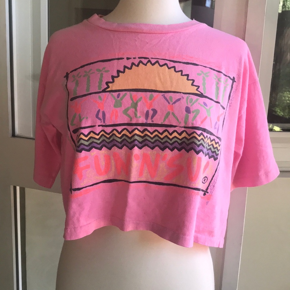 Fluorescent 80s Fun n Sun Crop tee shirt